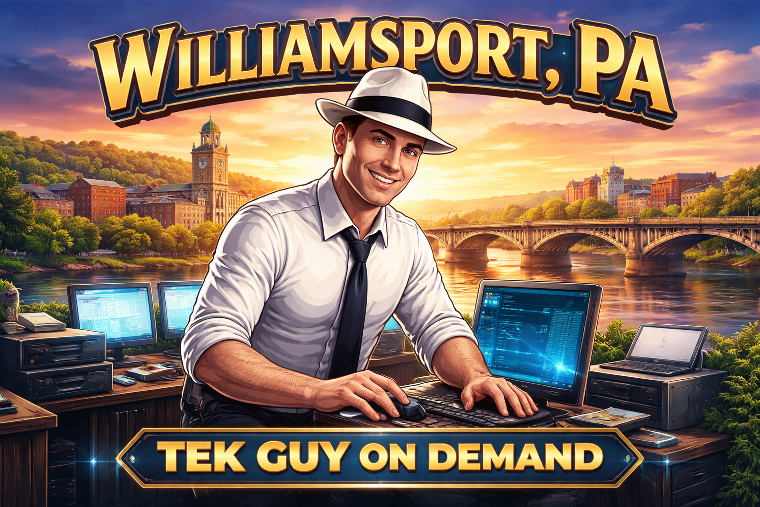 Williamsport PA business IT support services by Tek Guy On Demand technician in white fedora providing computer repair network support and IT solutions for local companies