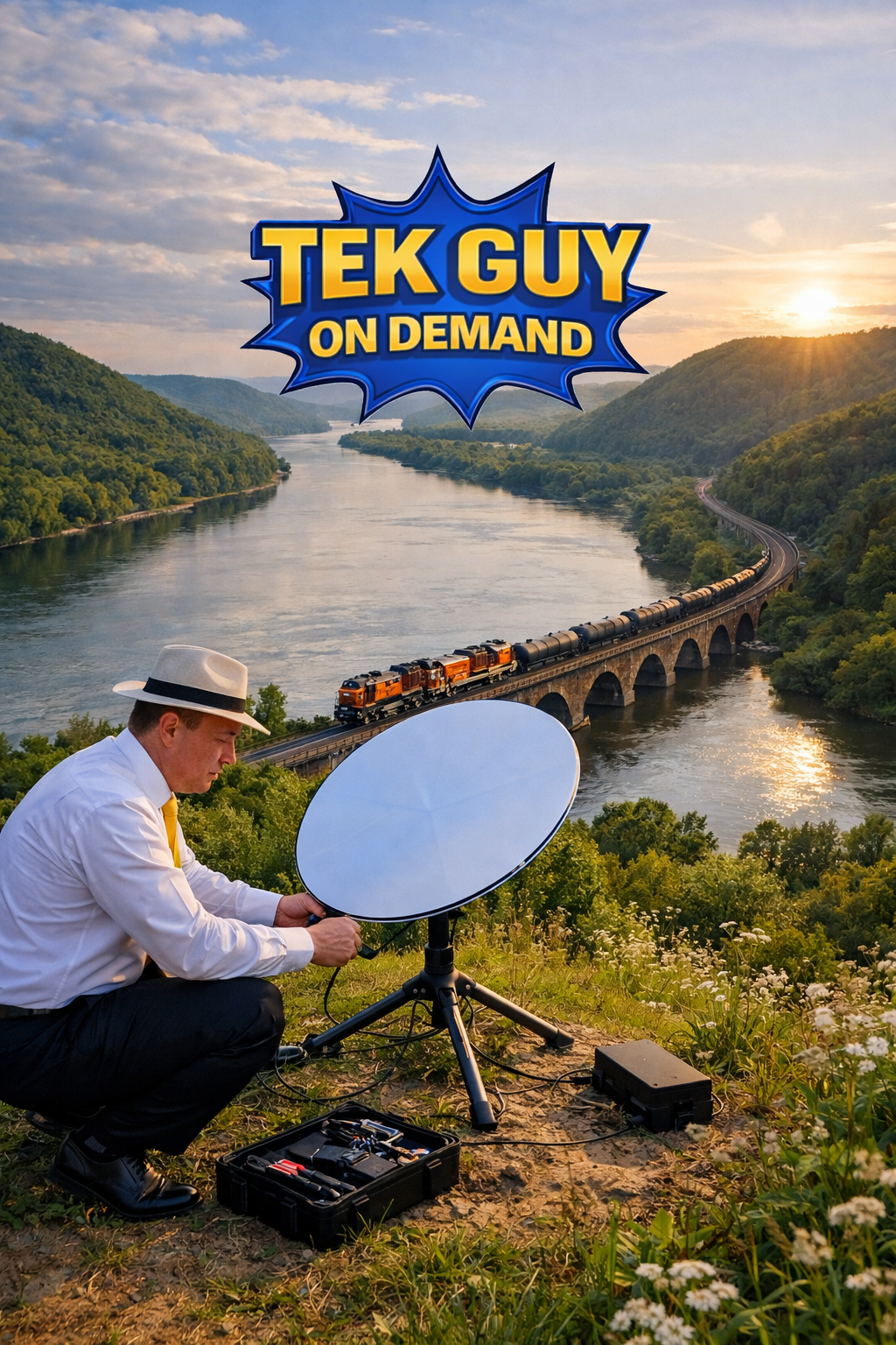 Tek Guy installing satellite internet system overlooking Susquehanna River in Williamsport PA with train bridge and countryside