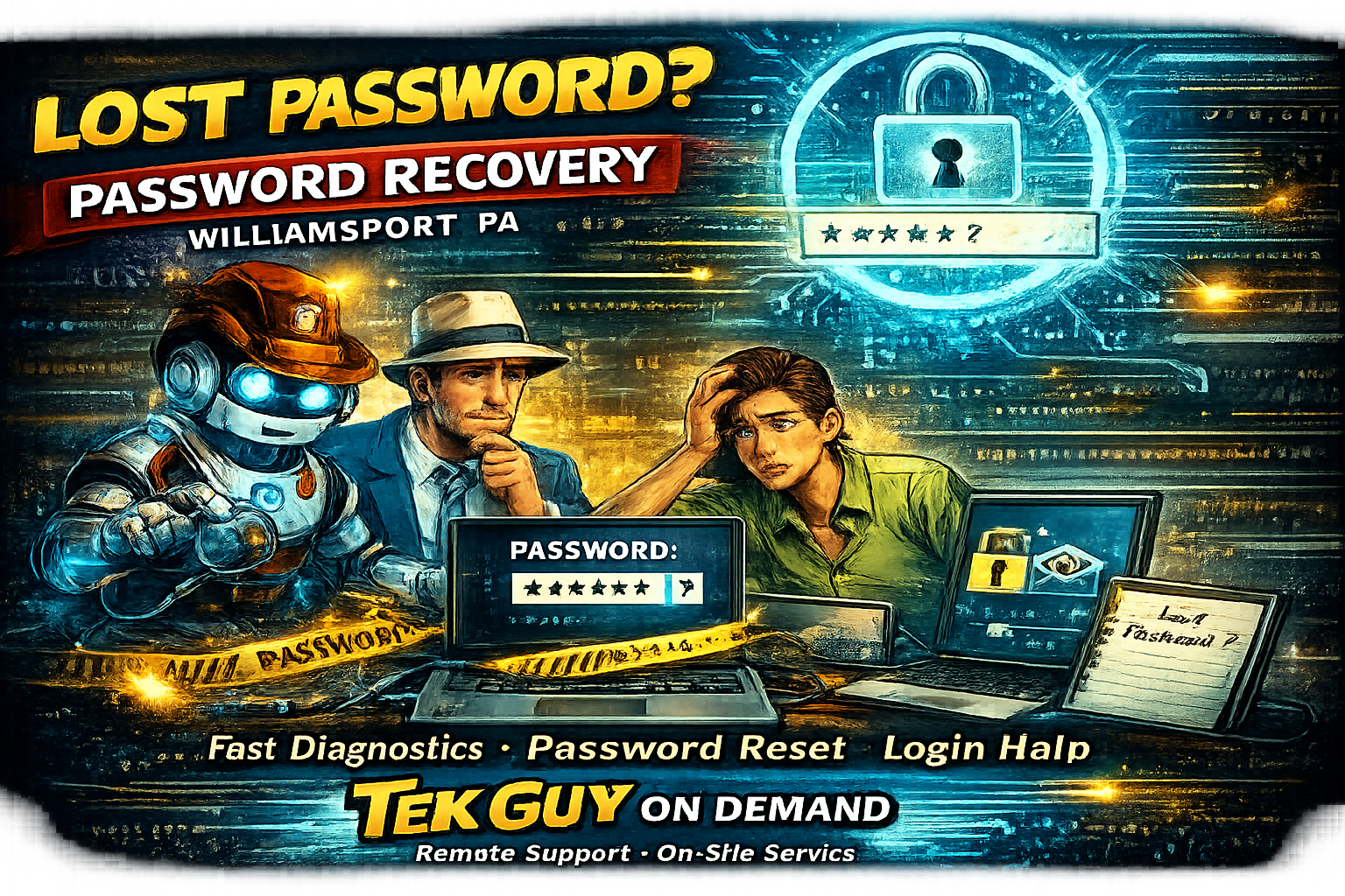 Forgot computer password in Williamsport PA. Tek Guy On Demand helps recover access to Windows computers, reset passwords, and restore user account access.