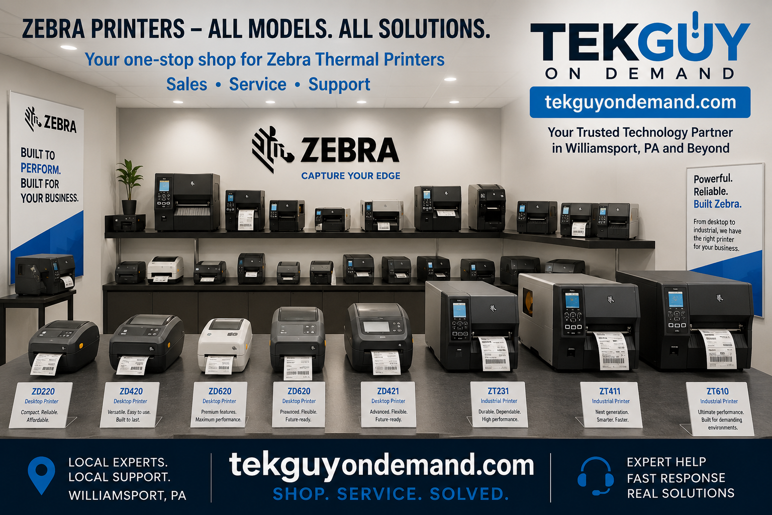 Zebra printer showroom and Zebra thermal printer repair service in Williamsport PA by Tek Guy On Demand