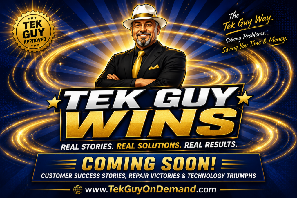 Tek Guy Wins coming soon banner featuring the Tek Guy mascot in a black suit, gold tie, and white fedora surrounded by blue and gold victory rays promoting customer success stories.