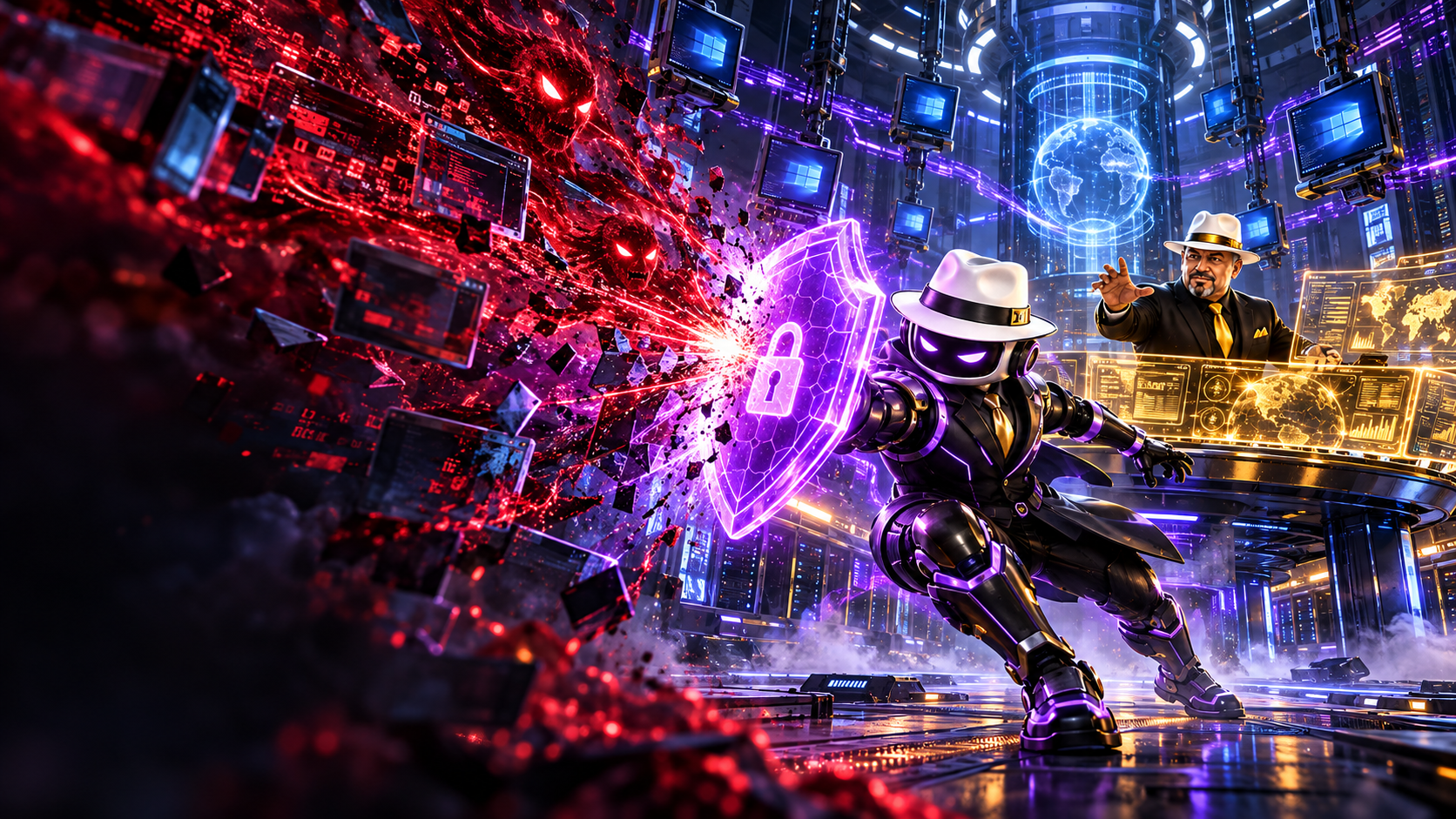 Cyber Bot and Tek Guy block a malware attack inside a futuristic command center