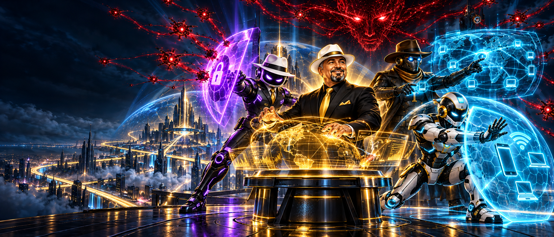 Tek Guy leads Cyber Bot, Scout Bot and IPS Bot through a neon cyber-defense city