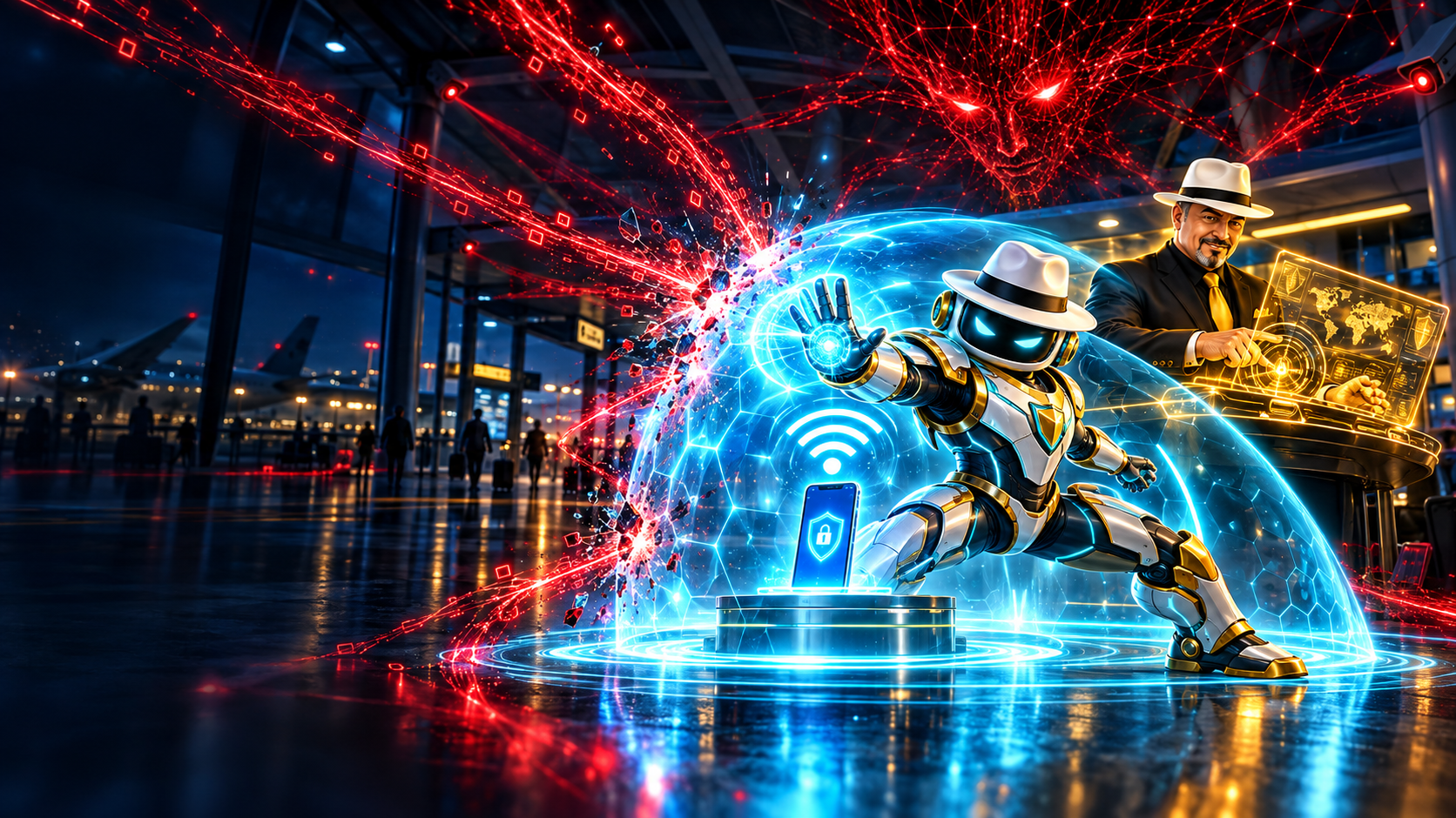 IPS Bot and Tek Guy protect a phone on public Wi-Fi from a red digital threat