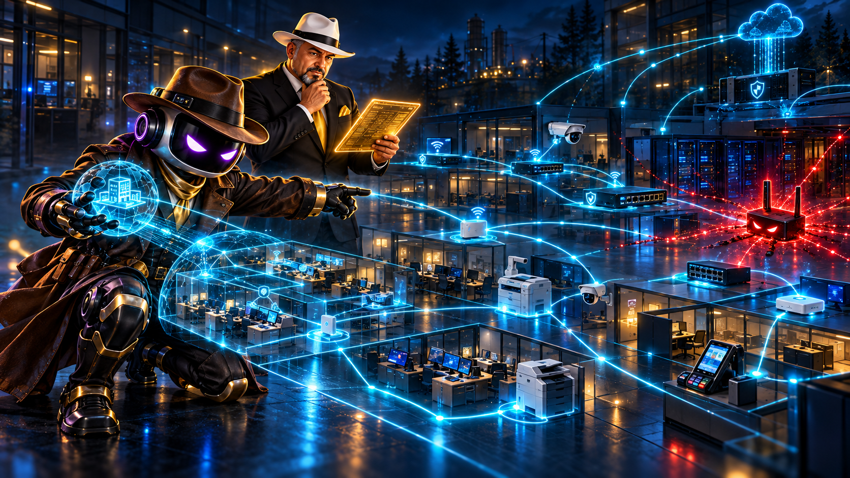 Scout Bot and Tek Guy map and defend connected business devices across a glowing network